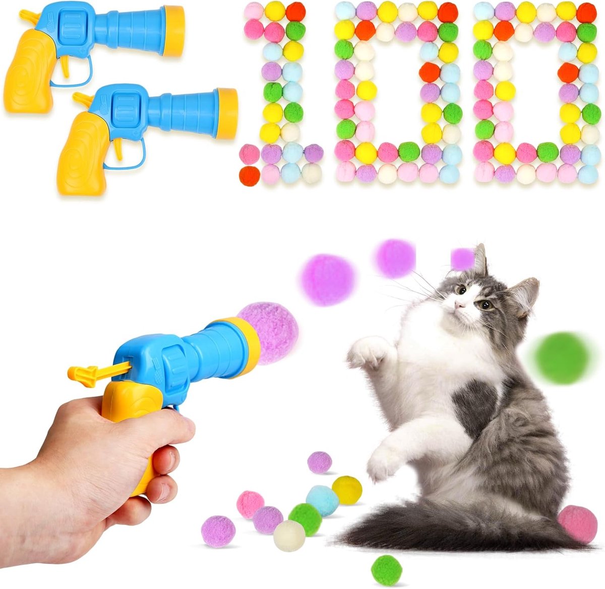 Kattenspeelgoed Ballen Set - Interactief Speelgoed - Actieve Spurt - 102 Delig Inclusief Werpers - 100 Pompons - Multicolor