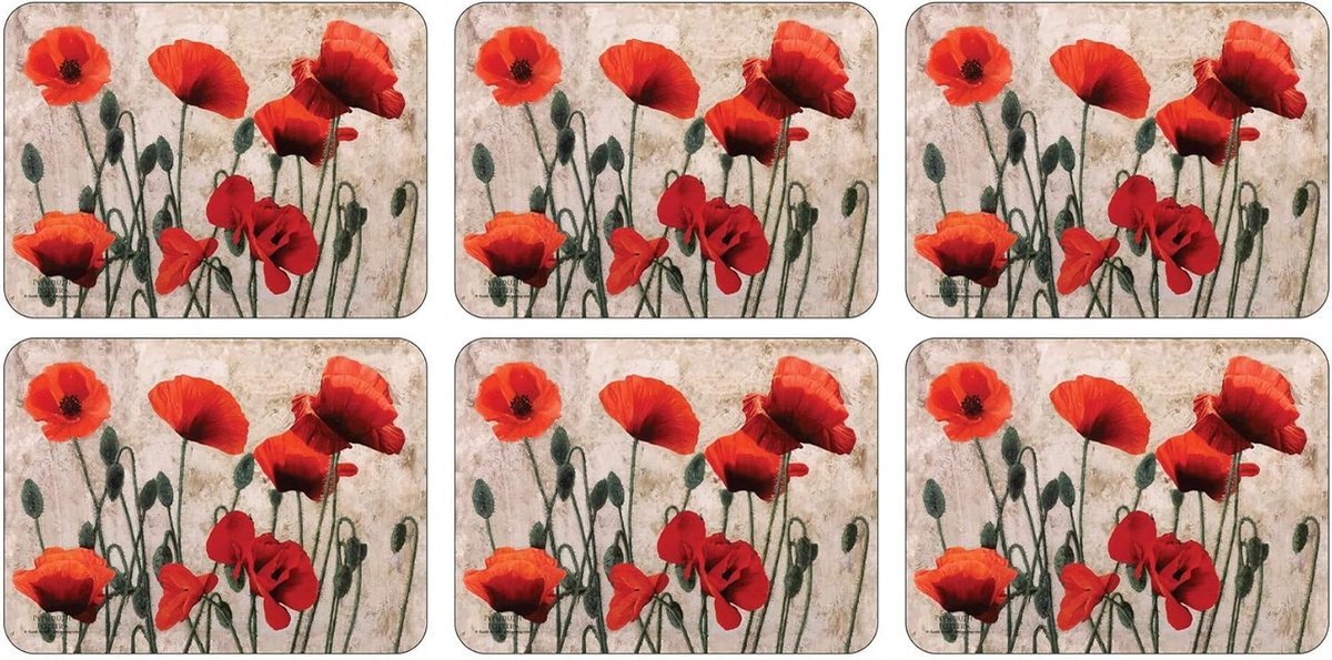 Klaprozen Placemats - Tafelonderleggers - Keukentafel Beschermen - Set van Zes - 29x22 cm - Rood
