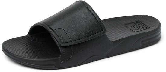 Zwarte Reef slipper met gestructureerde voetbed en Reef logo.