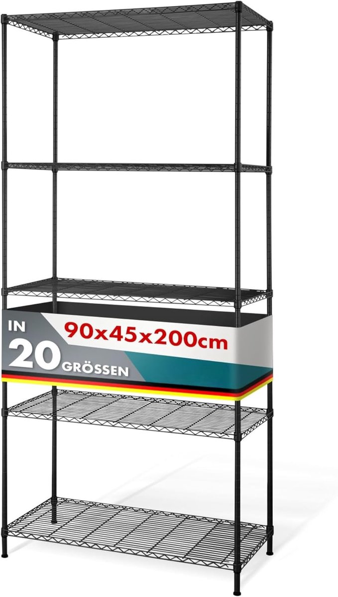 Metalen rek - Opbergrek - Veelzijdig Gebruik - Robuuste Constructie - 90x45x200 cm - Rocky Zwart