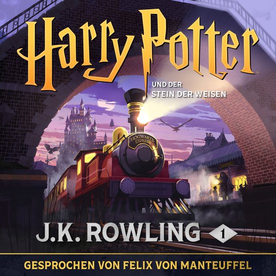 Harry Potter en de Steen der Wijzen, met de Hogwarts Express trein voor een station. Geschreven door J.K. Rowling.