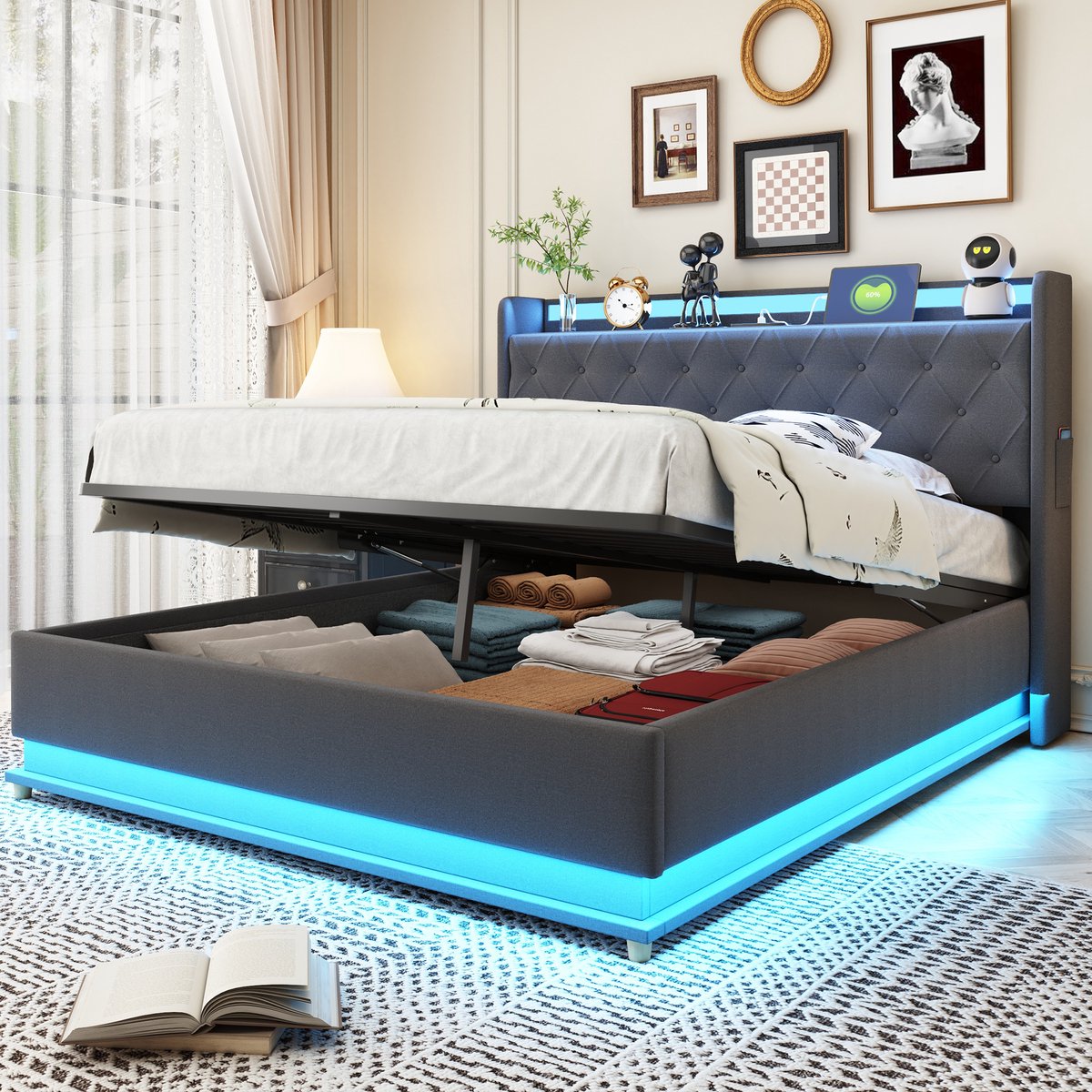 MODENUIT Gestoffeerd bed 140x200 cm – USB-aansluiting en ledverlichting – Hydraulische opbergruimte – Zonder matras – Grijs