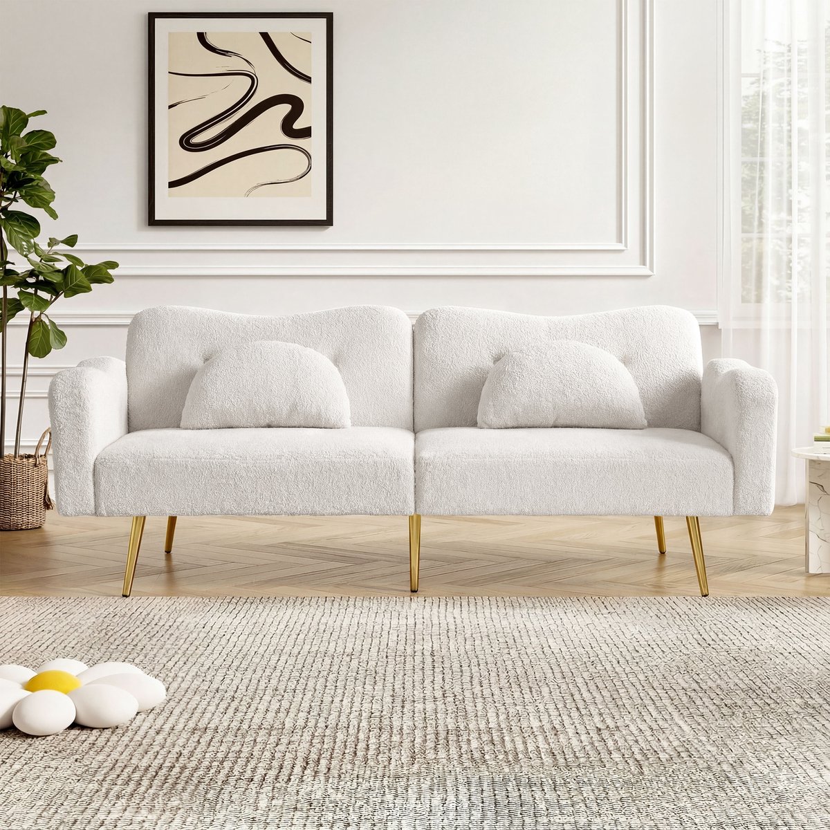 MODFU Tweezits Slaapbank - Verstelbare Rugleuning - Wolkvormig Design - Voor Woonkamer - Lamswolmix - Wit