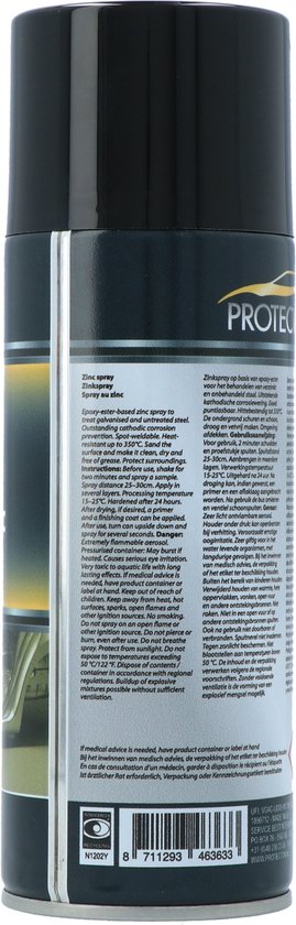 Zinkspray van Protecton met tekst en afbeelding van auto-onderdelen. 400ml.