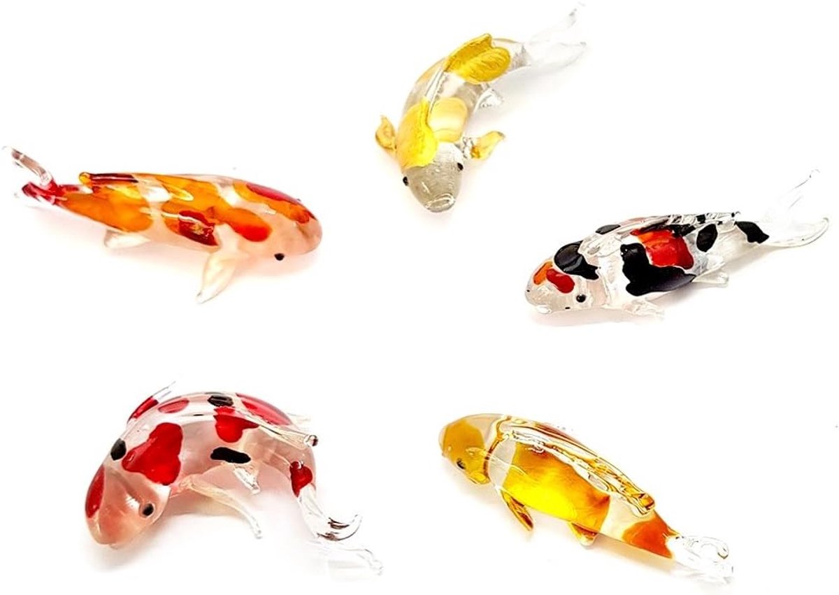 Glazen Vis Familie - Kleine Beeldjes - Decoratie Stukken - Handgemaakt Glaswerk - 5 cm Lengte - Geel Rood Oranje