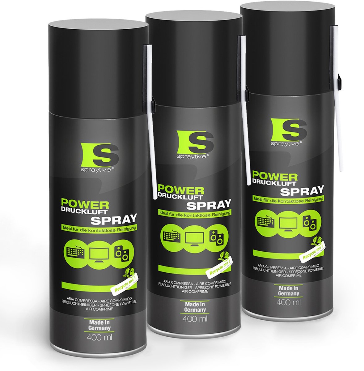 Spraytive 3x 400ml power persluchtspray persluchtreiniger met 10cm spuitrietje voor toetsenbord, pc, ps5, xbox, camera