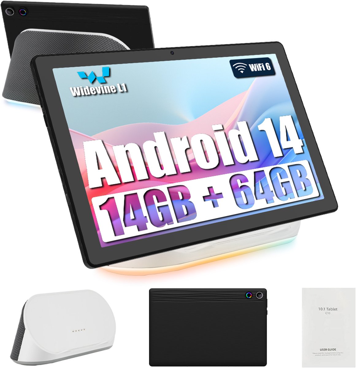 Android 14 Tablet met Bluetooth Soundbar Dock - 10.1 inch Kindertablet - 14GB RAM - 64GB ROM - IPS LCD Scherm 1280*800(HD) - TF-kaart, tot 1 TB - Ondersteunt ontgrendeling via gezichtsherkenning - Zwart