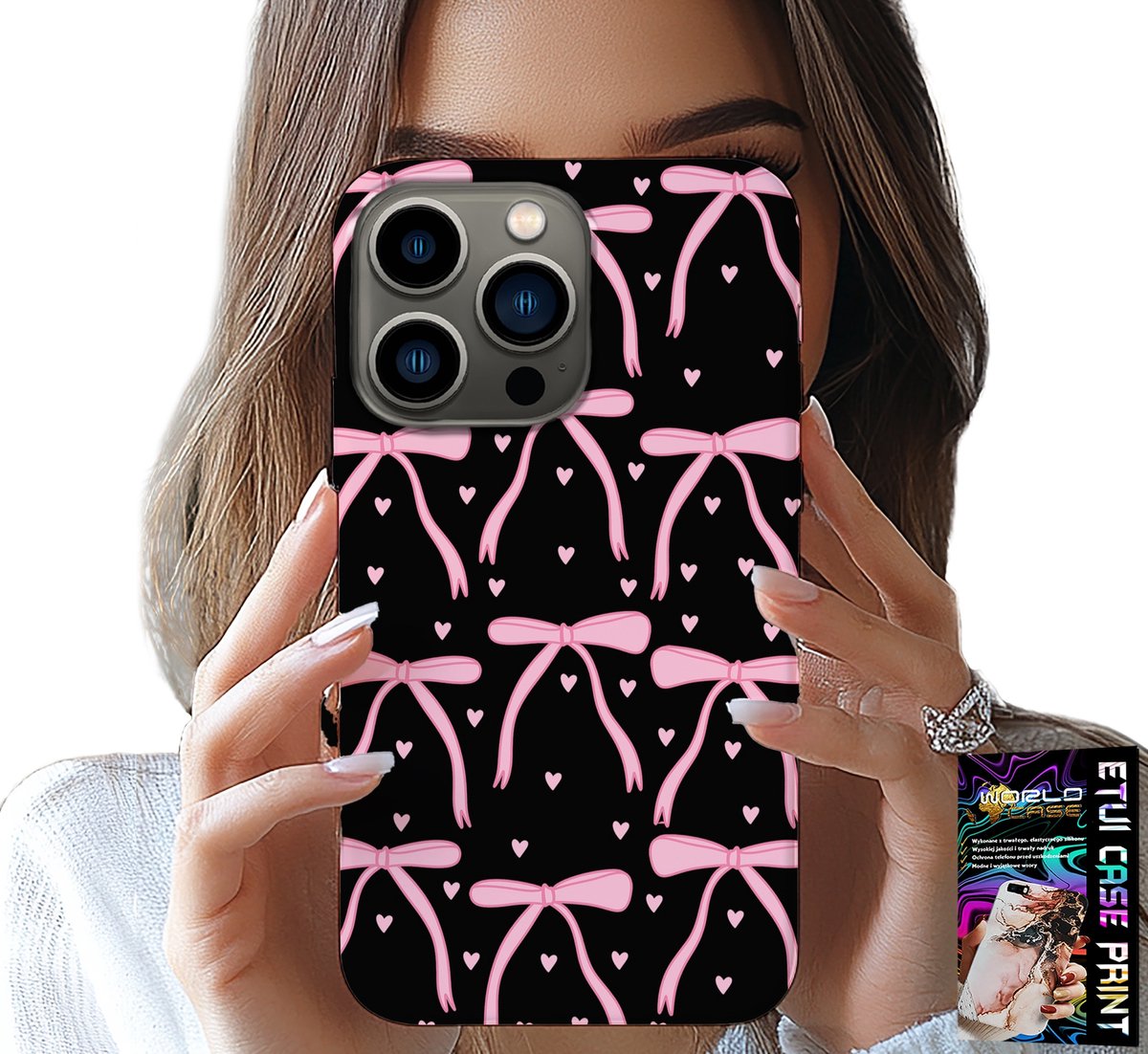 iPhone 16 Pro hoesje - Zwart met roze linten