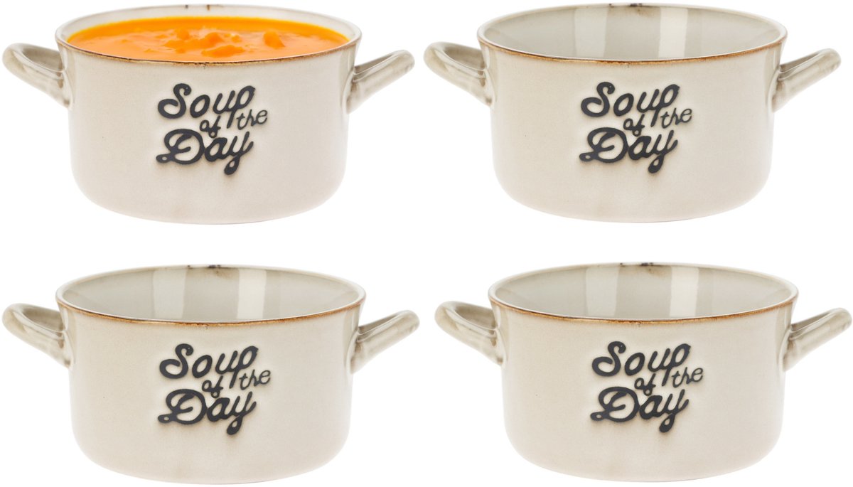 Excellent Houseware Soepkommen/serveer schaaltjes - 8x - porselein - 500ml - beige - met oor