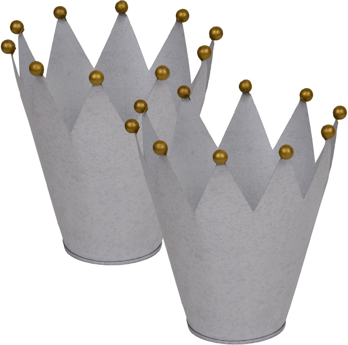 UNUS® Zinken kroon plantenpot met gouden bollen 16 cm grijs set van 2 tuindecoratie kandelaar bloempot