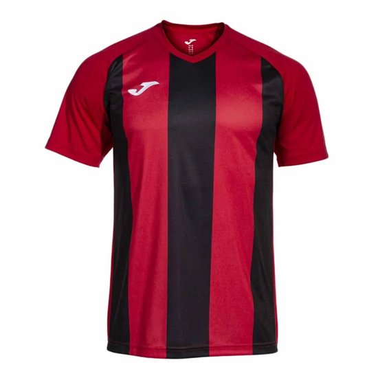 Sportshirt met rode en zwarte verticale strepen, korte mouwen en wit Joma-logo.