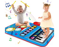 Muzikale speelmat voor baby's - Speelgoed voor peuters - 2-in-1 piano-trommel speelmat voor baby's - Muziekspeelgoed voor baby's - Verjaardags- en Valentijnscadeaus voor baby's van 1, 2 en 3 jaar - Blauw