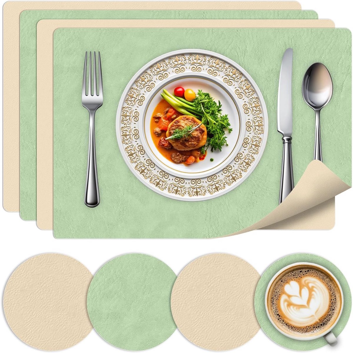Set van 4 Dubbelzijdige Placemats met Onderzetters - Hittebestendig en Afwasbaar