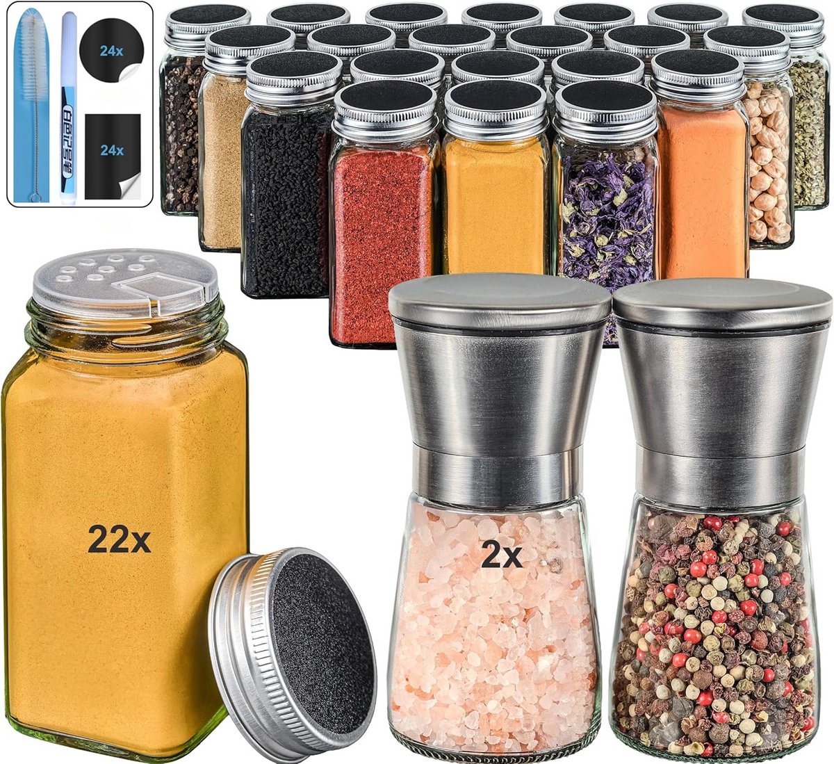 24-delige Set Kruidenpotjes met Kruidenmolens - Organisatie & Opslag voor Specerijen