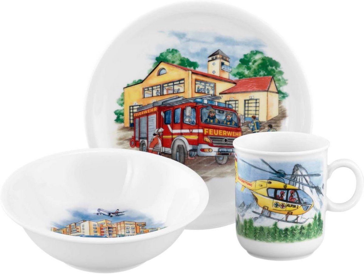 Kinderservies Blauw Licht 3-delig van Porselein: Bord, Kom en Beker