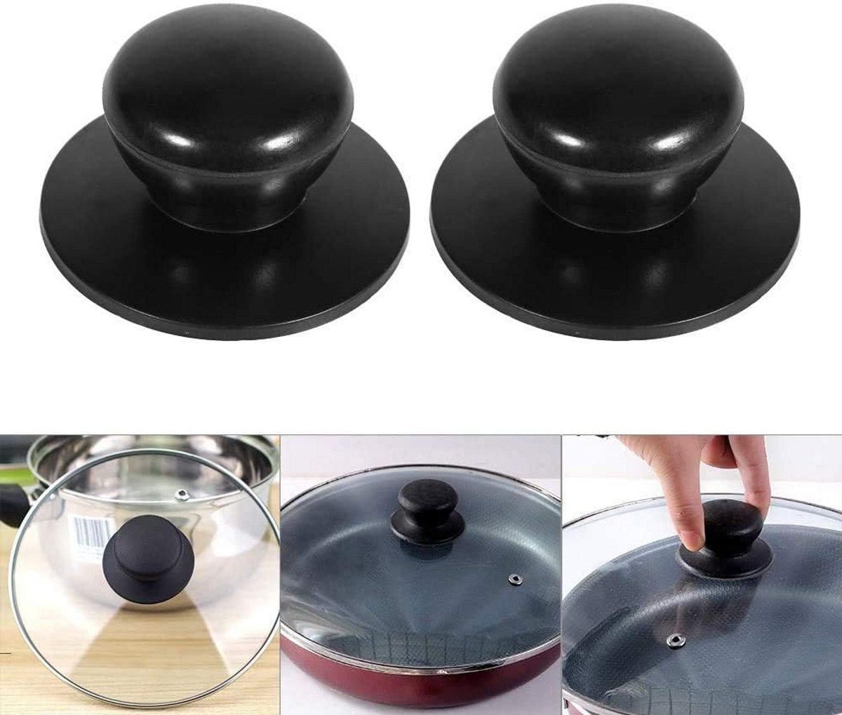2 Stuks Universele Potdeksel Knoppen Vervanging voor Steelpan en Kookpotten (Zwart)