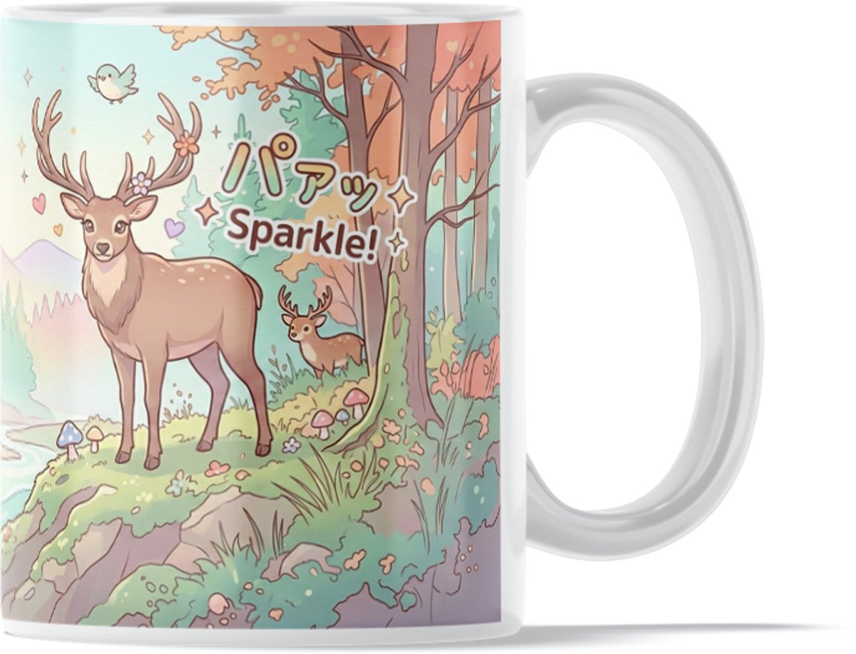 Kawaii Herten Mok Cadeau voor haar: Vrouw, Vriendin of Collega - Sparkling Friends of the Forest Bosdieren Illustratie - Schattig Hert en Ree in het Bos - Pastel Herfstkleuren Design - Lieve Dieren Kantoormok