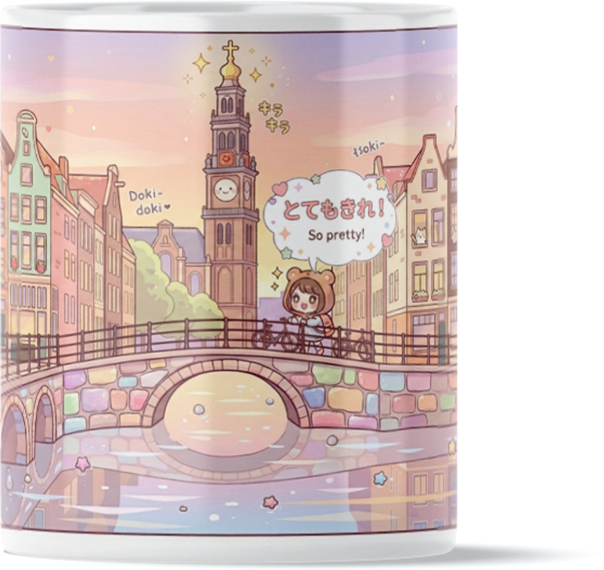 Kawaii Amsterdam Mok Cadeau voor haar: Vrouw, Vriendin of Collega - Schattig Meisje op de Gracht met Amsterdamse Geveltjes - Japanse Pop-Art Stijl Stadscadeau - Pastel Kleuren Grachtenpand Illustratie - Unieke Souvenir Kantoormok