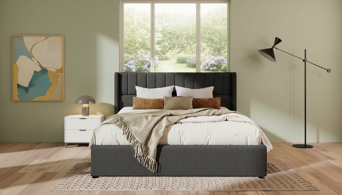 Gestoffeerd Tweepersoonsbed 180x200 cm – Grijs Linnen Opbergbed met Lattenbodem, Hydraulische Opberglade en Gevoerd Hoofdeinde – Modern Design Bed voor Slaapkamer | Casa Velluto