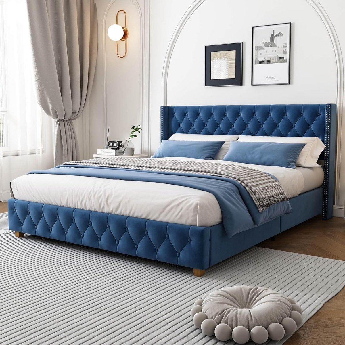 Tweepersoonsbed 160 x 200 cm met lattenbodem en gevoerd hoofdeinde in fluweelstof