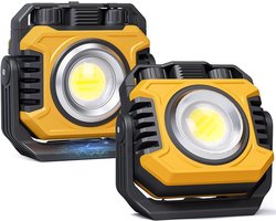 2-Pack Magnetische Oplaadbare Werklamp - 1500LM Dubbelzijdige LED Werklamp - 4-80Uur Looptijd - Traploze Dimming 2700K-8000K COB Schijnwerper + 1000LM Zaklamp - 360° Draaibaar Statief & Haak (Geel)