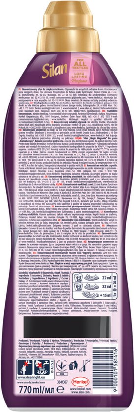 Arrière d'une bouteille d'adoucissant Silan Aromatherapy Magic Magnolia avec informations sur le produit.