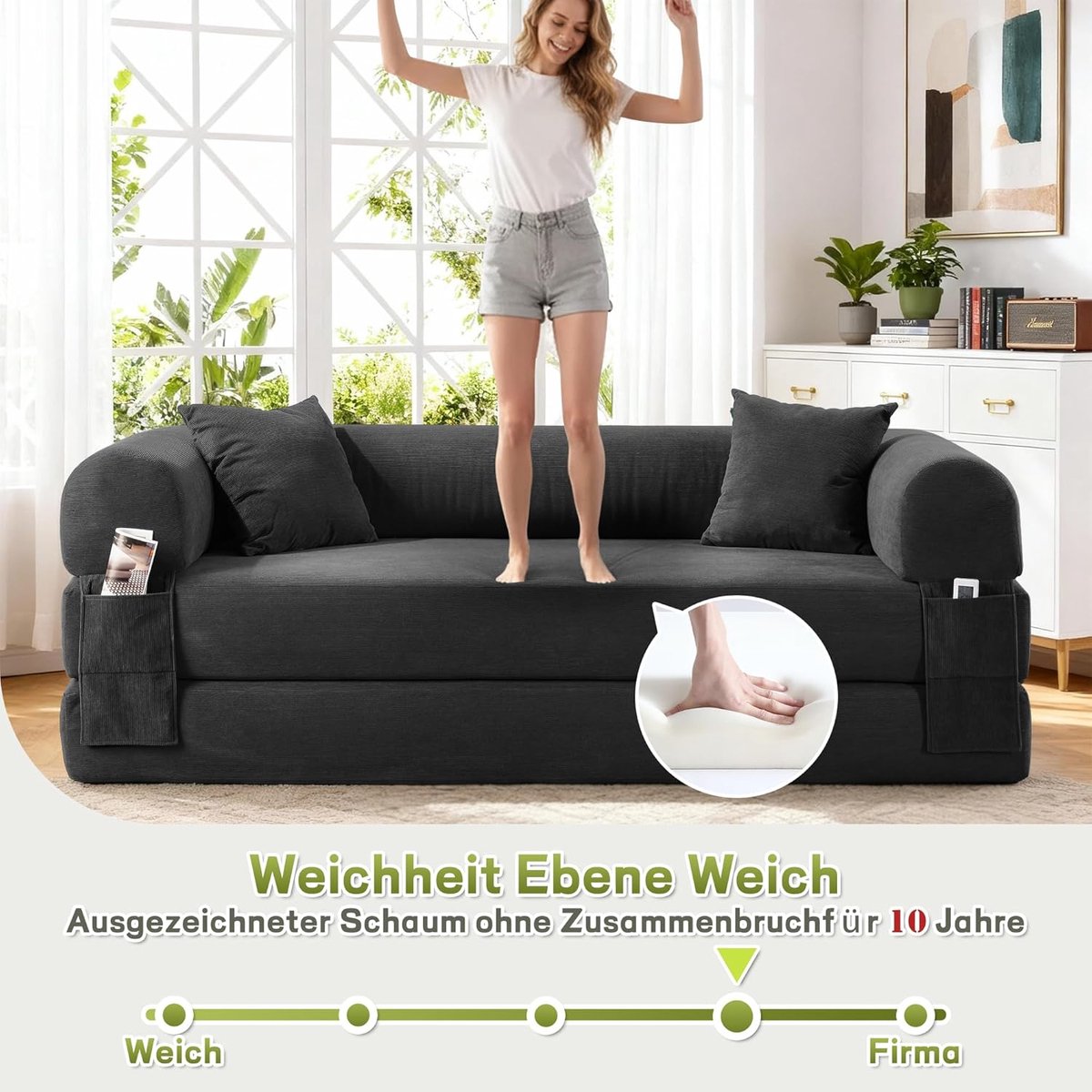 3-in-1 Slaapbank 210 x 75 x 60 cm – Modulaire Slaapbank Bedbank met Fluweel Bekleding – Inclusief Kussens & Opbergtas – Compact Bankbed voor Woonkamer, Logeerkamer – Donkergrijs – Laura