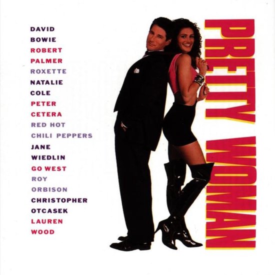 Richard Gere en Julia Roberts poseren rug aan rug, met de tekst "Pretty Woman" verticaal ernaast.