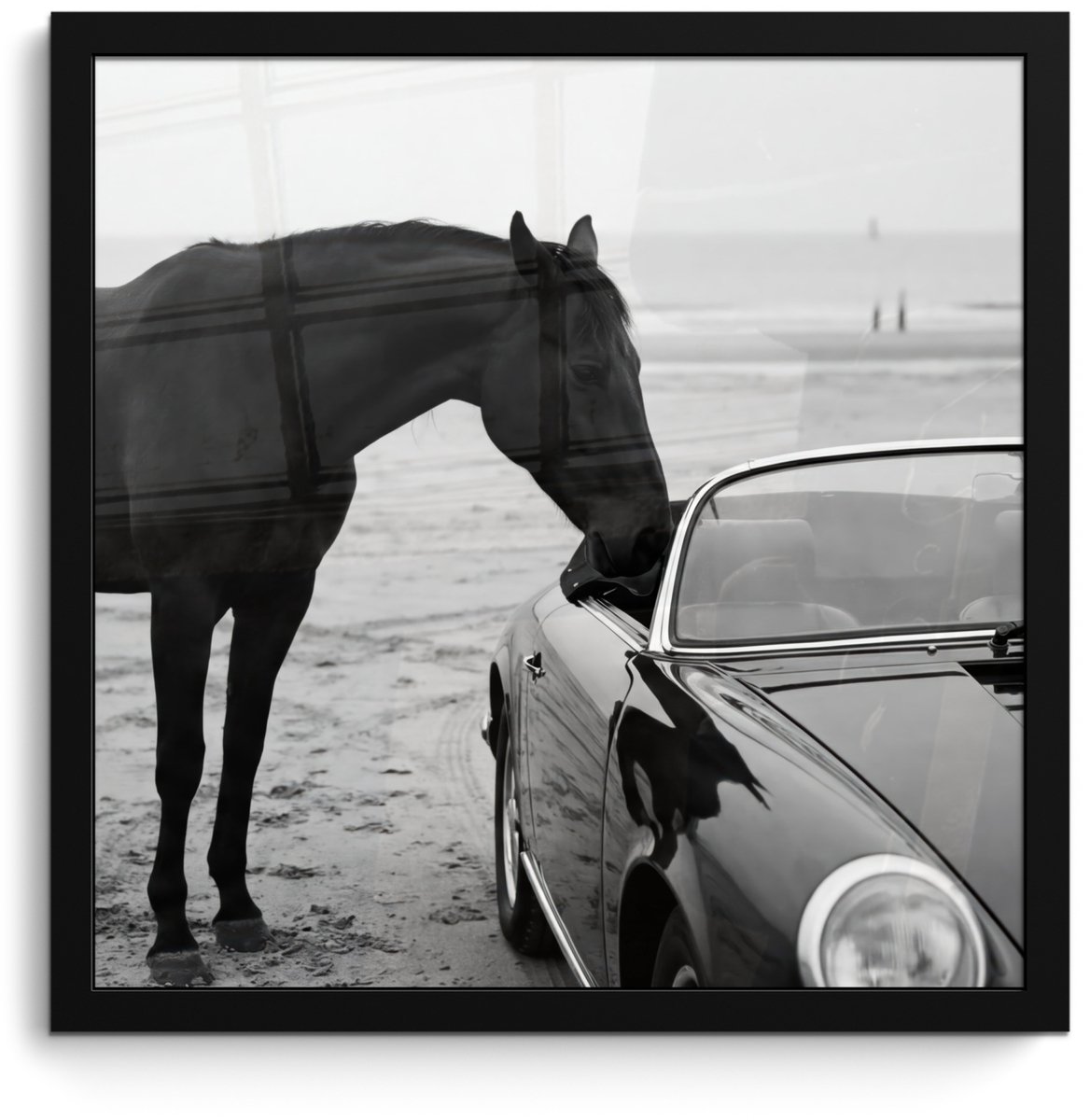 FrameYourWall Poster in lijst - Fotolijst 40x40 cm - Posters - Paard - Auto - Zwart - Wit - Posterlijst zwart - Decoratie - Wanddecoratie woonkamer - Muurdecoratie slaapkamer