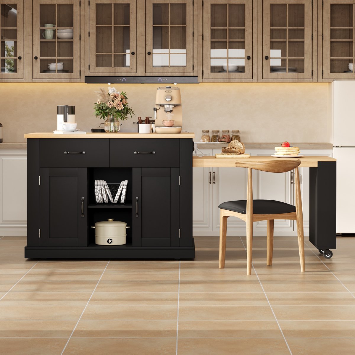Wishdor Keukeneiland - Uitschuifbare Eettafel En Opbergruimte - Keuken - MDF - Zwart - 132(235) X 70 X 90 Cm