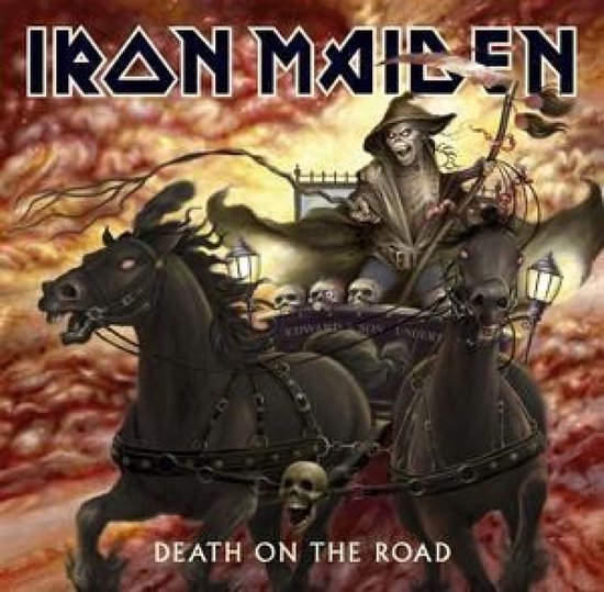 Iron Maiden 'Death on the Road' albumcover met Eddie als een skelet in een strijdwagen, getrokken door twee paarden.