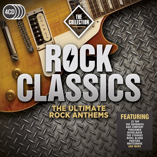 4CD Rock Classics The Collection - The Ultimate Rock Anthems met ZZ Top, The Darkness, Bad Company, Foreigner, Nickelback, The Stooges, Royal Blood, Pantera, Whitesnake.