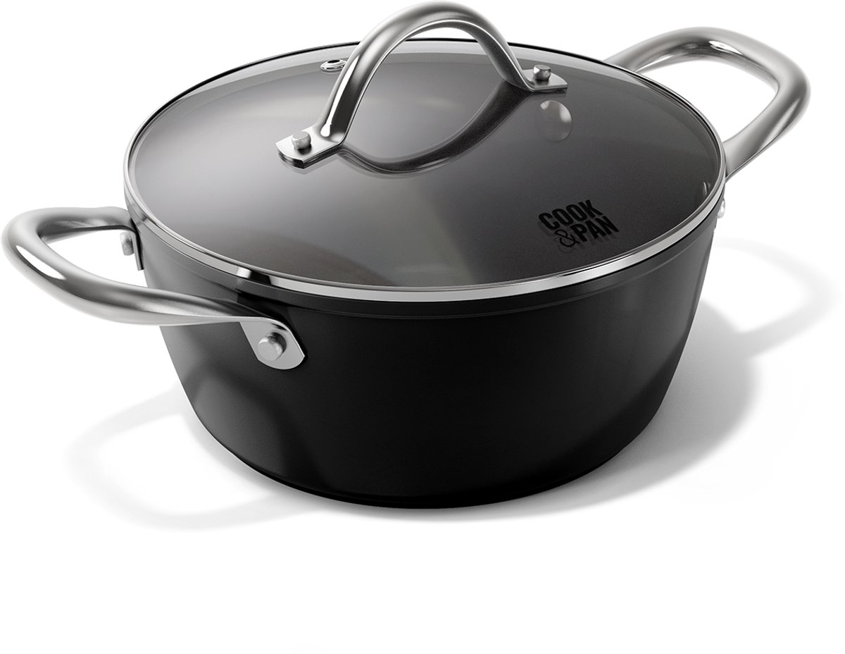 Cook & Pan - Kookpan met deksel 20 cm - PFAS vrij - Inductie Keramisch - Non stick - 7 jaar garantie - Zwart
