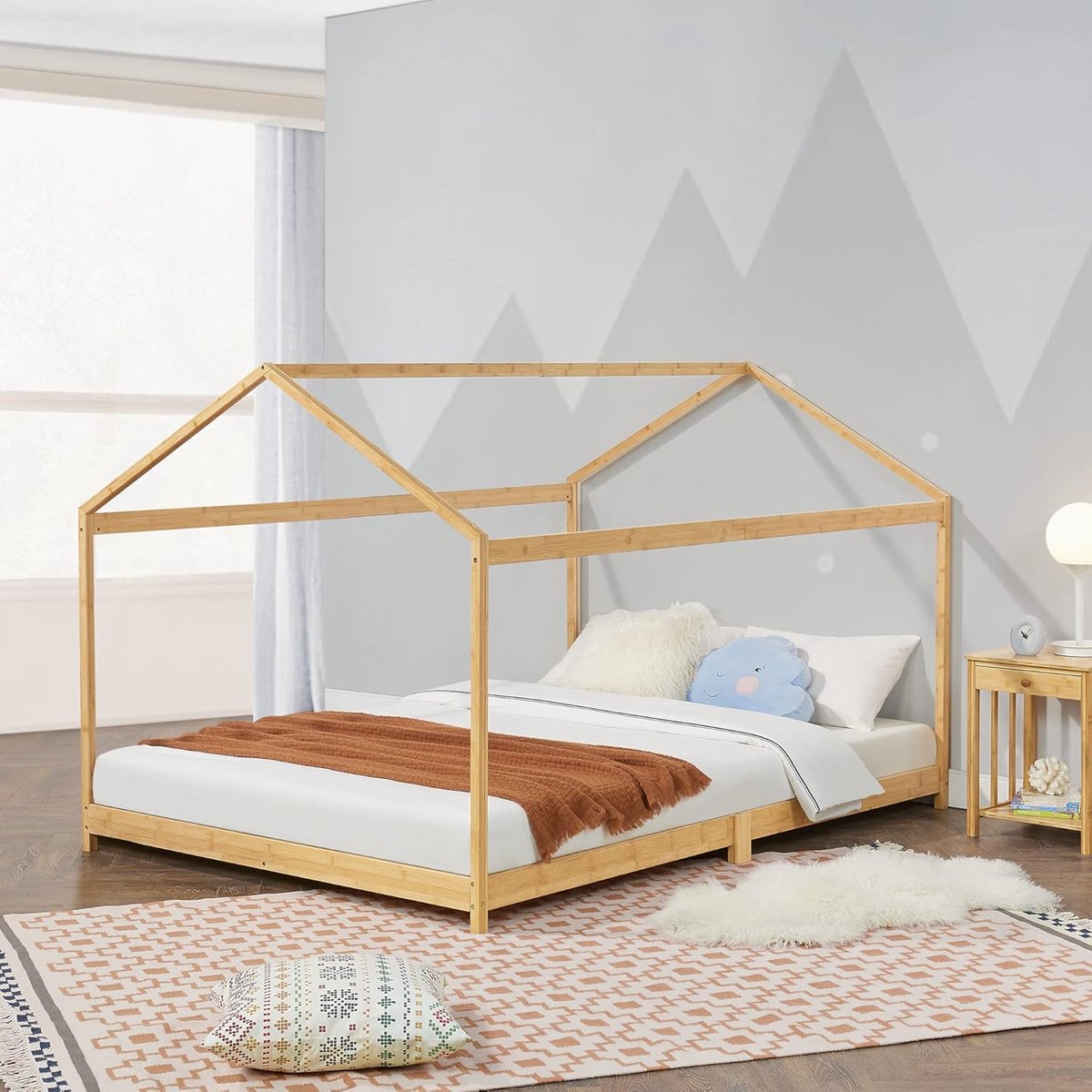 Huisbed 160x200 cm Kinderbed van Bamboe Houtkleurig Stevig en Makkelijk Montage