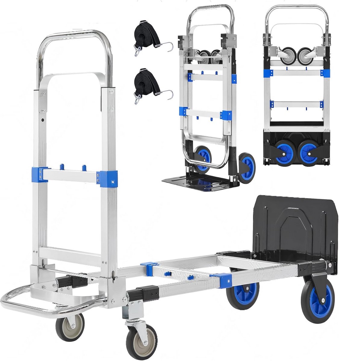 Steekwagen 3-in-1 Opvouwbaar Aluminium – 272 kg Capaciteit – Zware Trolley met Intrekbare Handgreep en Rubberen Wielen