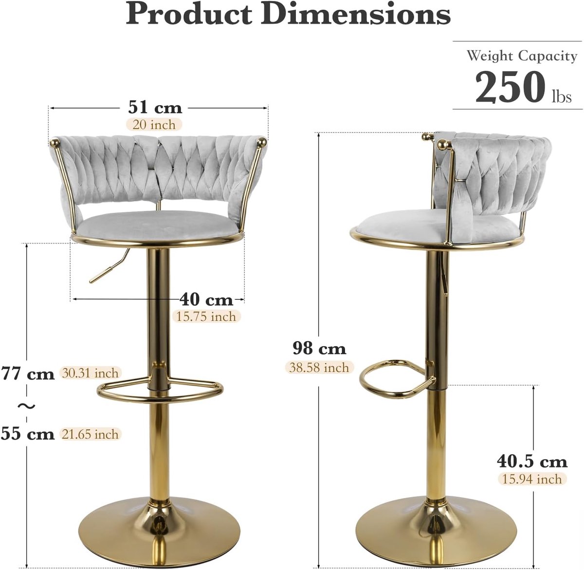 Barkrukken Set van 2 – House&Garden Royal Weave Velvet Barstoelen – Draaibaar & In Hoogte Verstelbaar 77–98 cm – Ergonomische Barkruk met Rugleuning en Gouden Metalen Frame – Grijs Fluweel