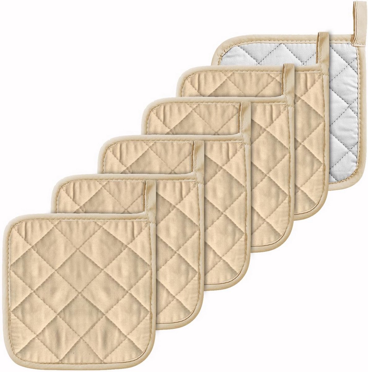 Set 6 Ovenwanten 18x18 cm - Hittebestendig Katoen met Lijst - Beige Keukenaccessoires
