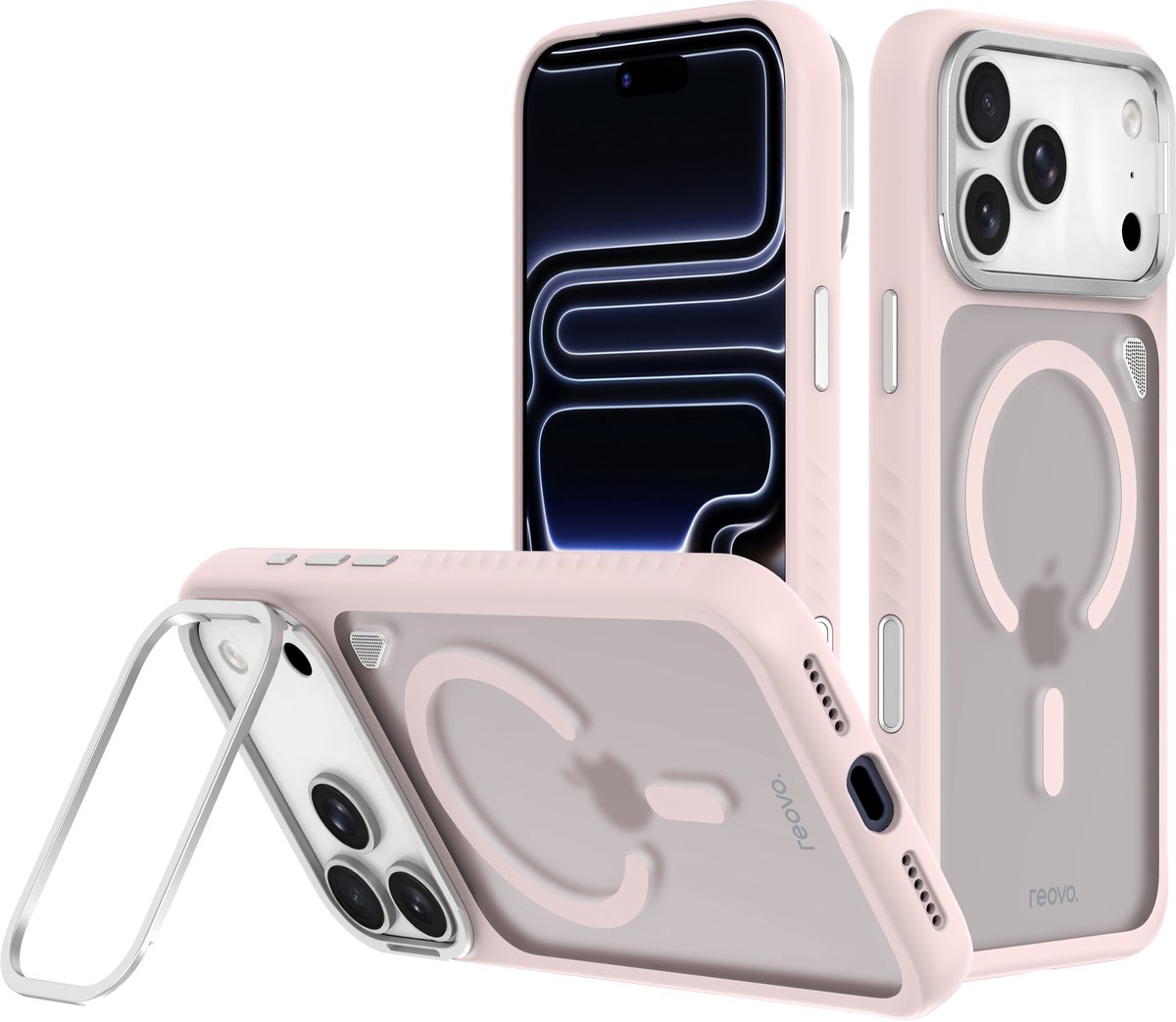 Reovo - Hoesje Geschikt voor iPhone 17 Pro - Camera standaard - Geschikt voor MagSafe - Roze - anti-val technologie