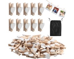 100 Houten Mini Knijpers Wit voor Foto's en Knutselen met Opbergzak