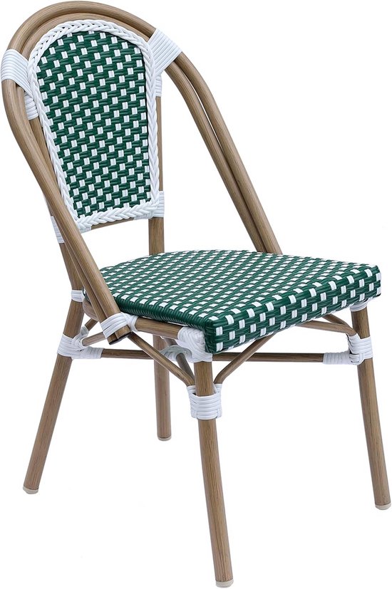 Bistrostoel met bruin aluminium frame en donkergroen-witte geweven zitting en rugleuning.