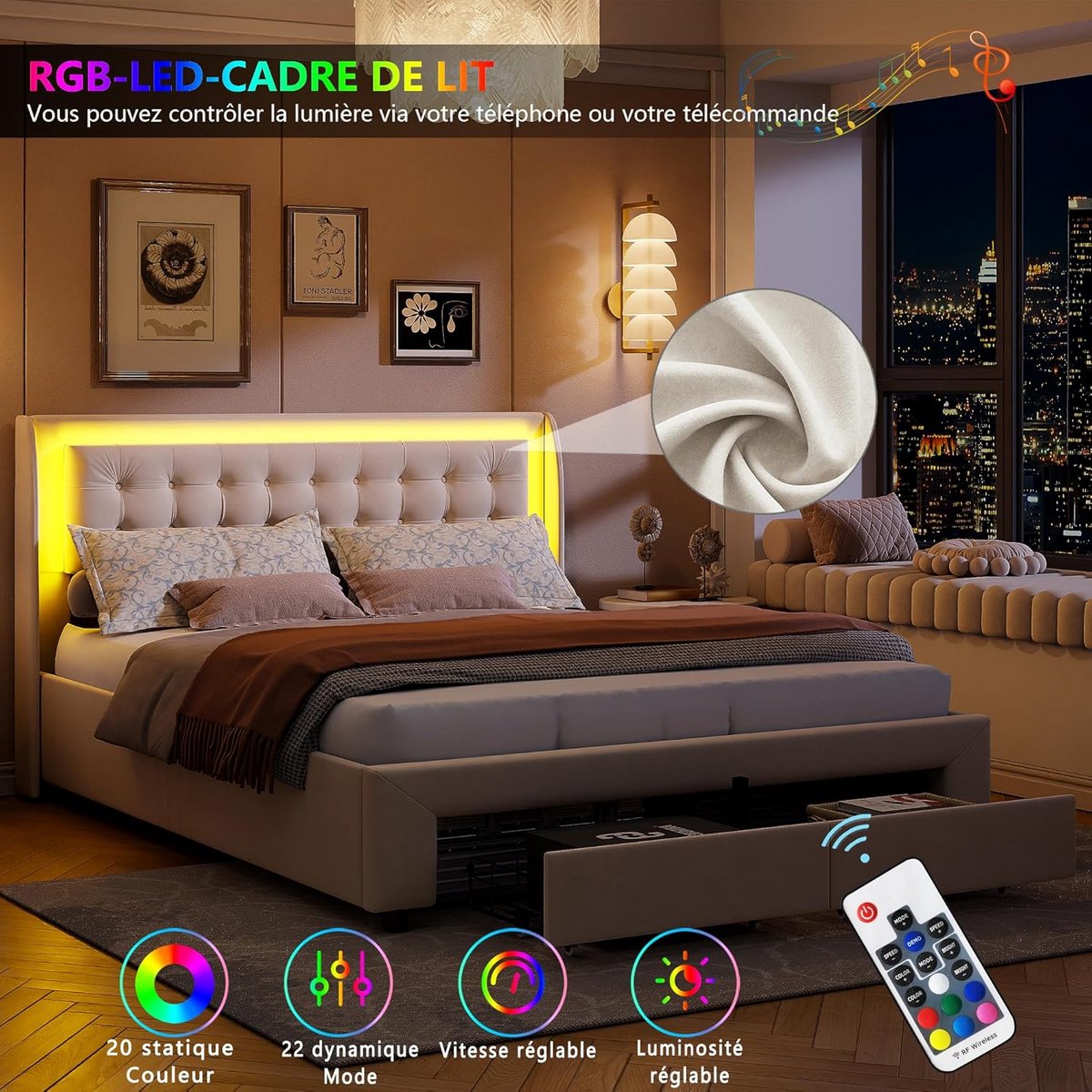 Boxspring Bed 180x200 met Opbergruimte, Lattenbodem en LED Verlichting - Beige Fluweel thumbnail 4