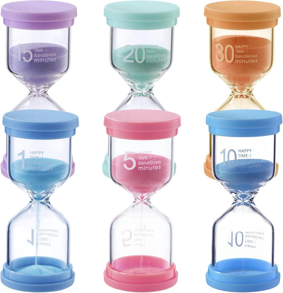Set van 5 Kleurrijke Zandlopers Timer Set - 1, 5, 10, 15, 30 Minuten