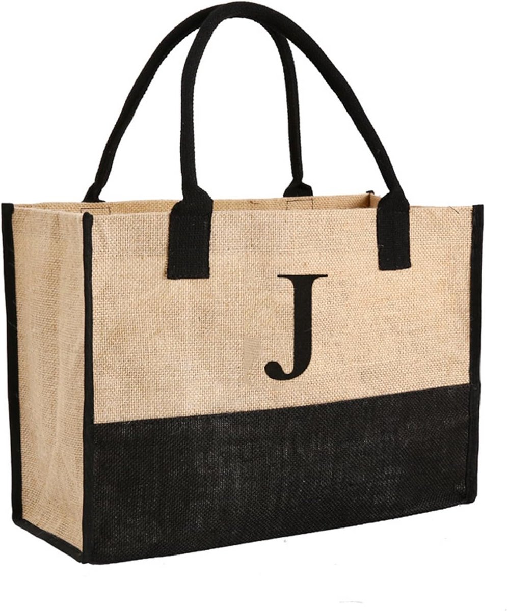 Herbruikbare katoenen jute draagtas | Gepersonaliseerde letters | Ruime canvas tas voor dagelijks gebruik, strand en picknicks