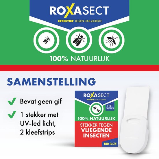 Roxasect UV Stekker tegen muggen en vliegende insecten - 100% natuurlijk - zonder insecticide - kind- en diervriendelijk - 1 stekker incl 2 plakstrips