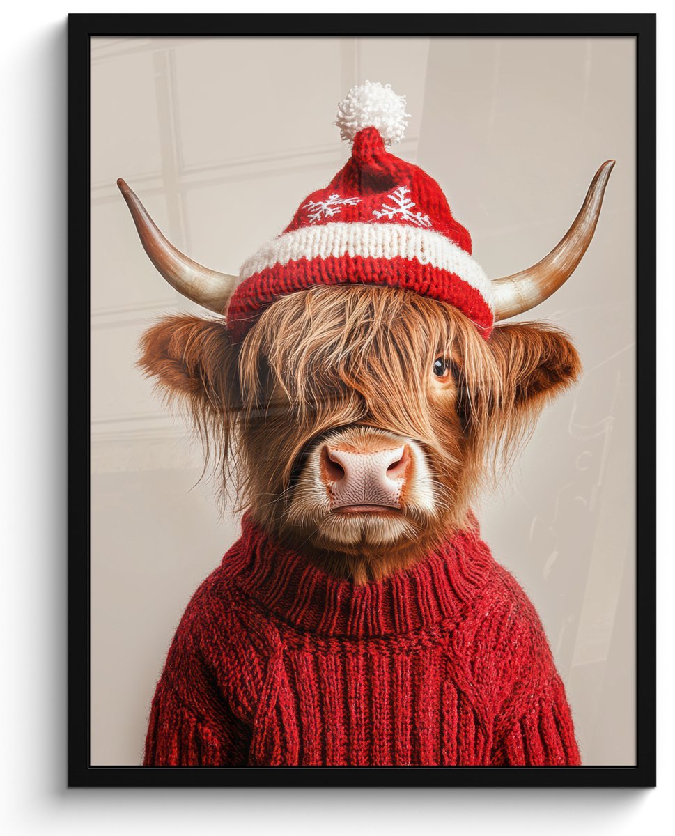 FrameYourWall Poster in lijst - Fotolijst 50x70 cm - Posters - Schotse Hooglander - Kerst - Muts - Trui - Winter - Posterlijst zwart - Decoratie - Wanddecoratie woonkamer - Muurdecoratie slaapkamer - Kerstversiering - Kerstdecoratie voor binnen - Kerstmis