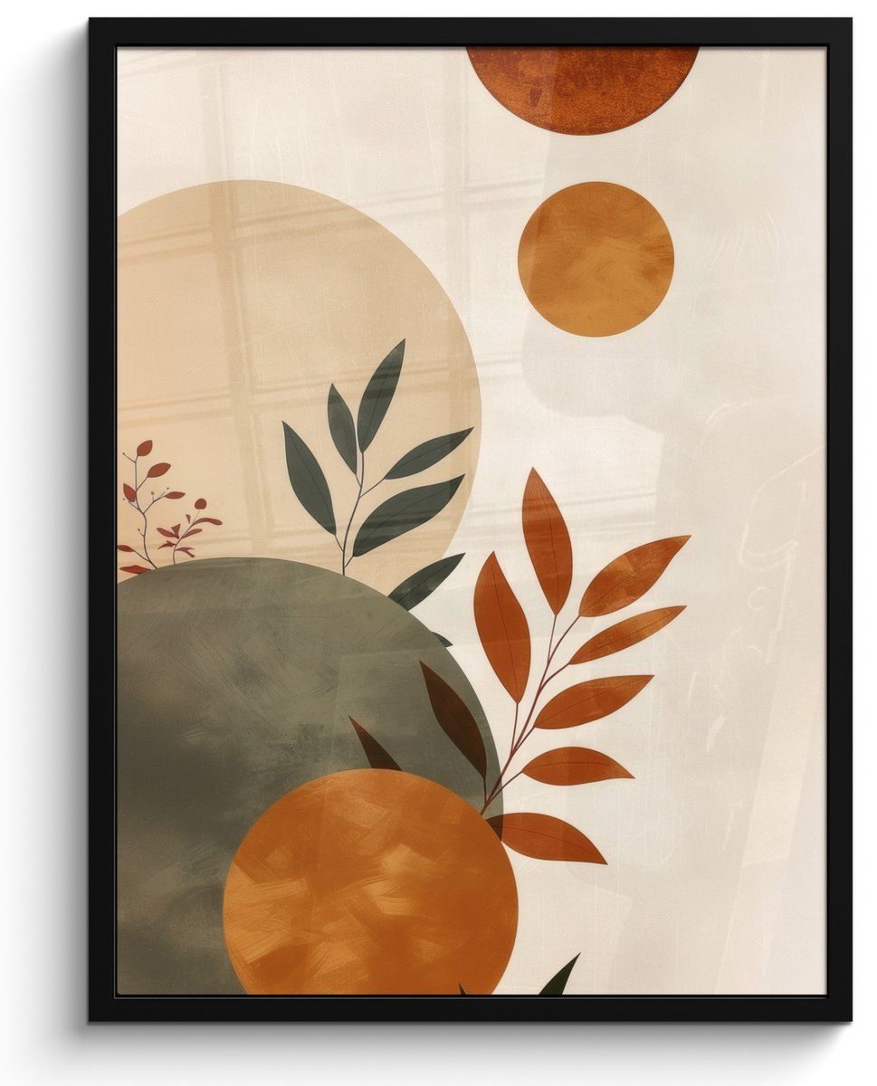 FrameYourWall Poster in lijst - Fotolijst 50x70 cm - Posters - Vormen - Rond - Bladeren - Beige - Posterlijst zwart - Decoratie - Wanddecoratie woonkamer - Muurdecoratie slaapkamer Bladeren - Vorm - Abstract