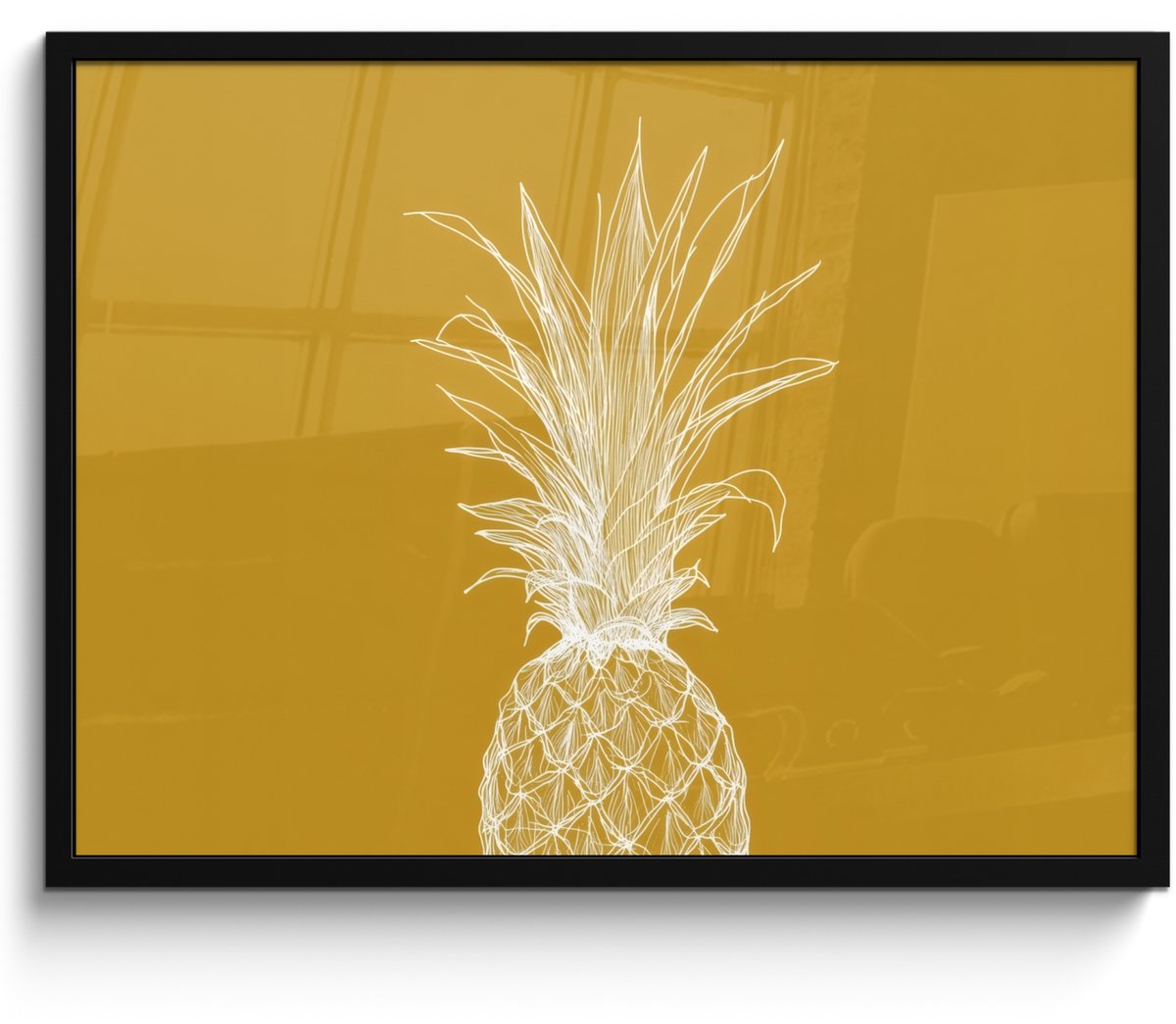 FrameYourWall Poster in lijst - Fotolijst 70x50 cm - Posters - Lijnillustratie - Ananas - Bladkroon - Okergeel - Posterlijst zwart - Decoratie - Wanddecoratie woonkamer - Muurdecoratie slaapkamer