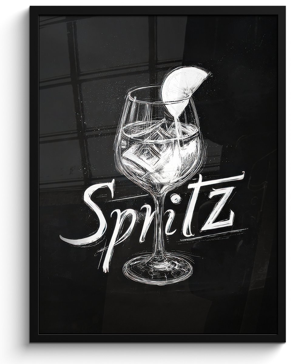 FrameYourWall Poster in lijst - Fotolijst 50x70 cm - Posters - Glas spritz - Krijtletters - Ijsblokjes - Citroen - Posterlijst zwart - Decoratie - Wanddecoratie woonkamer - Muurdecoratie slaapkamer Glas - Spritz