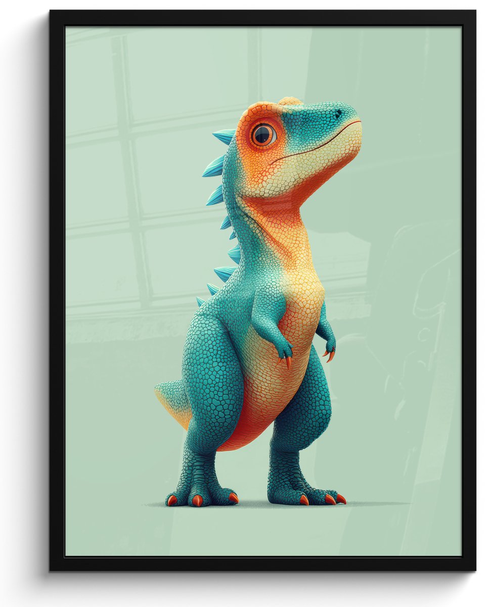 FrameYourWall Poster in lijst - Fotolijst 50x70 cm - Posters - Cartoon - Dino - Oranje - Stekels - Posterlijst zwart - Decoratie - Wanddecoratie woonkamer - Muurdecoratie slaapkamer