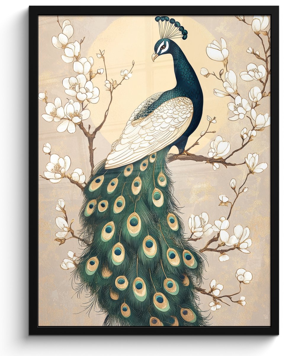 FrameYourWall Poster in lijst - Fotolijst 50x70 cm - Posters - Pauw - Tak - Bloemen - Posterlijst zwart - Decoratie - Wanddecoratie woonkamer - Muurdecoratie slaapkamer